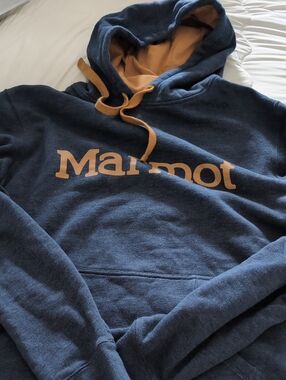 Marmot Navy Hoodie with Tan Logo and Lining
